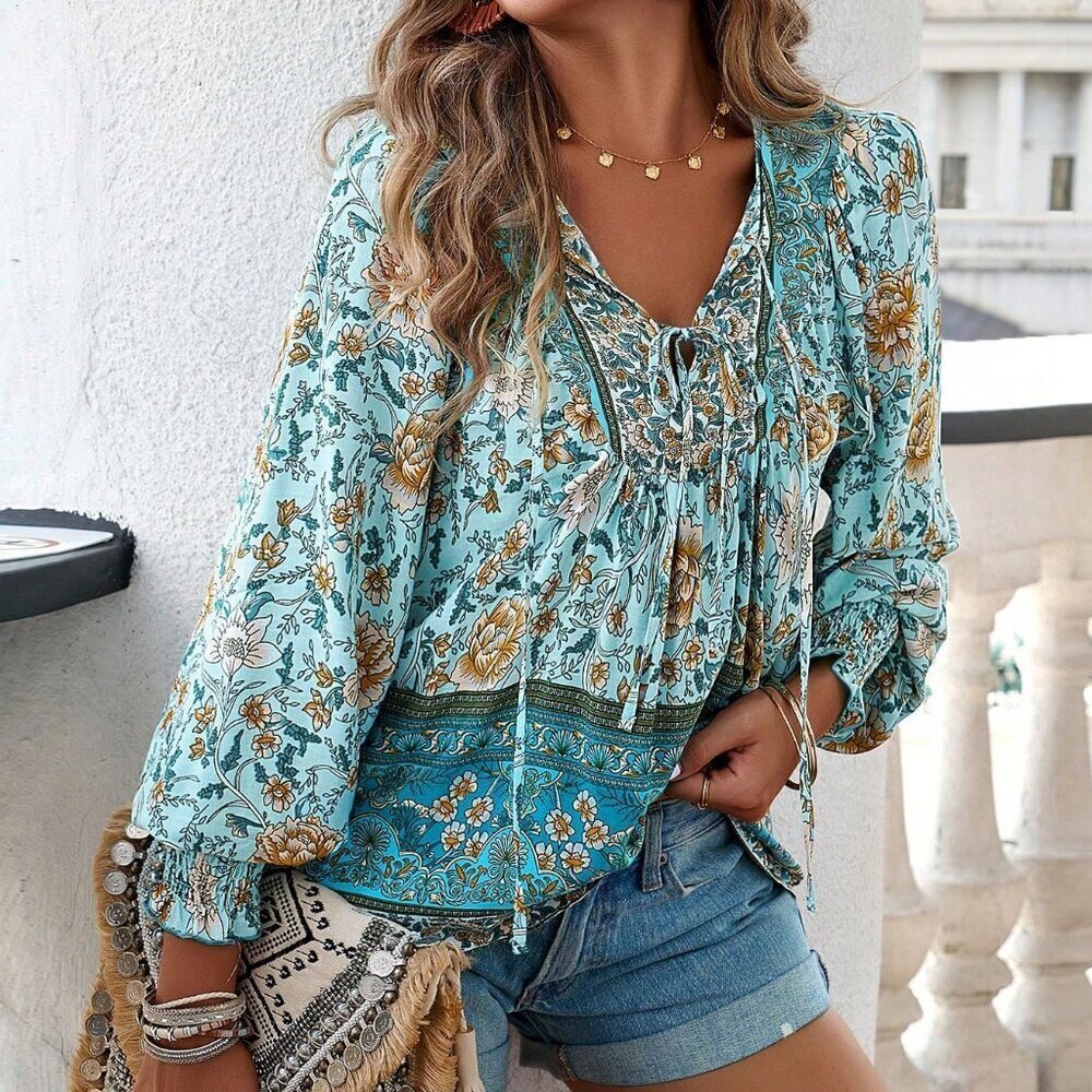Blue Boho Floral Print Tie Neck Lantern Sleeve Blouse